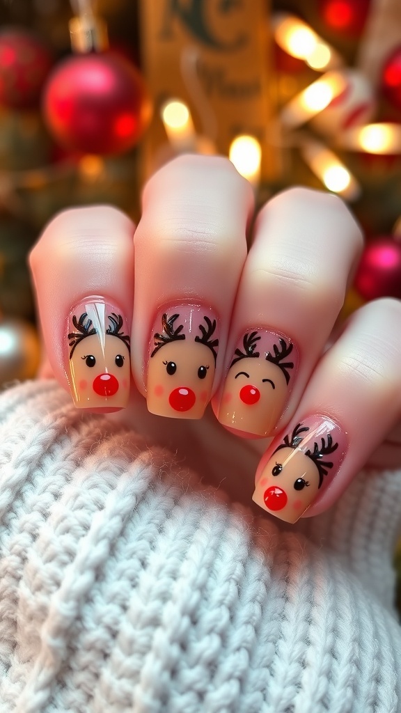 Christmas reindeer nail art with brown base, white eyes, red nose, and antlers.